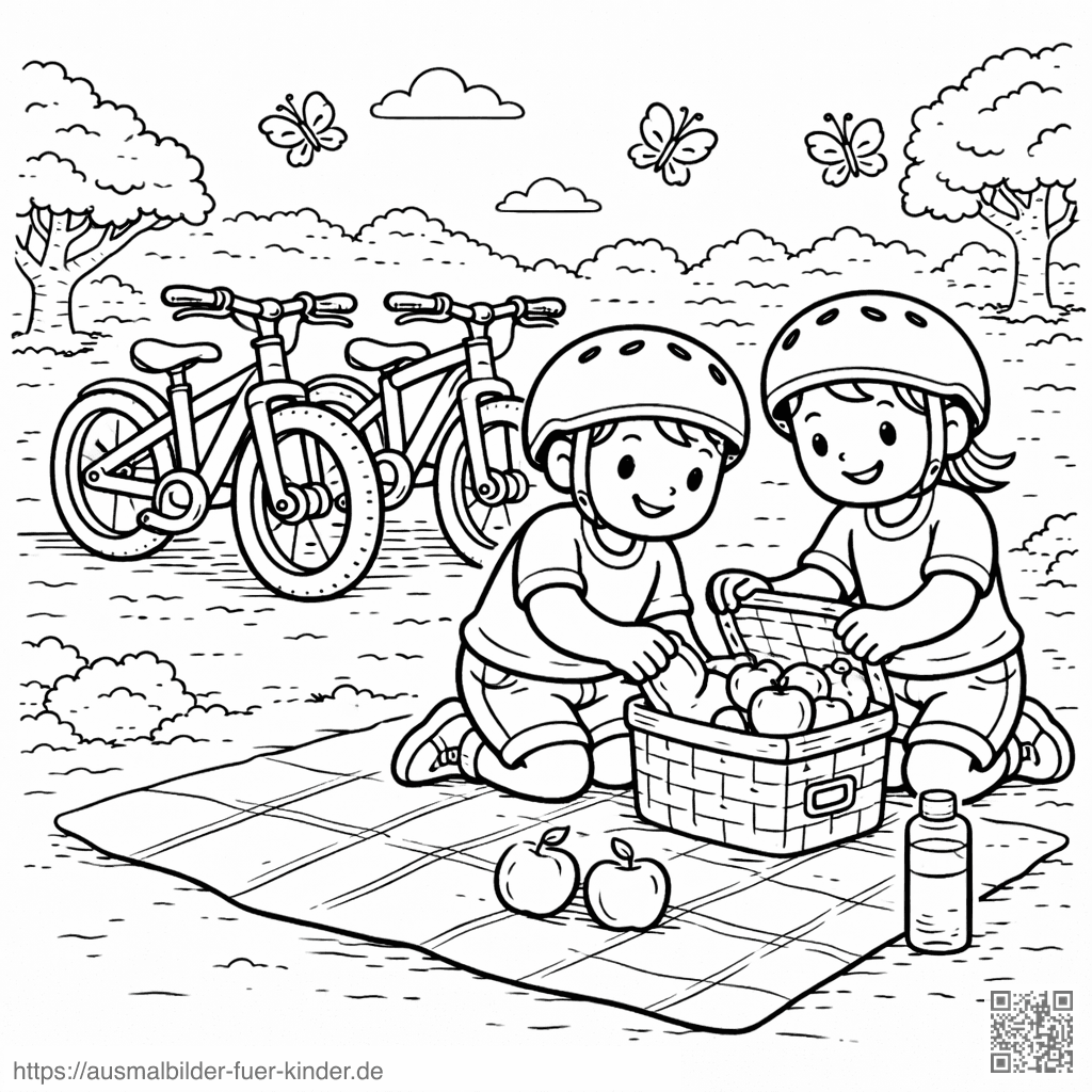 Kinder beim Picknick im Grünen - Ausmalbild Kinder beim Picknick im Grünen - Ausmalbild