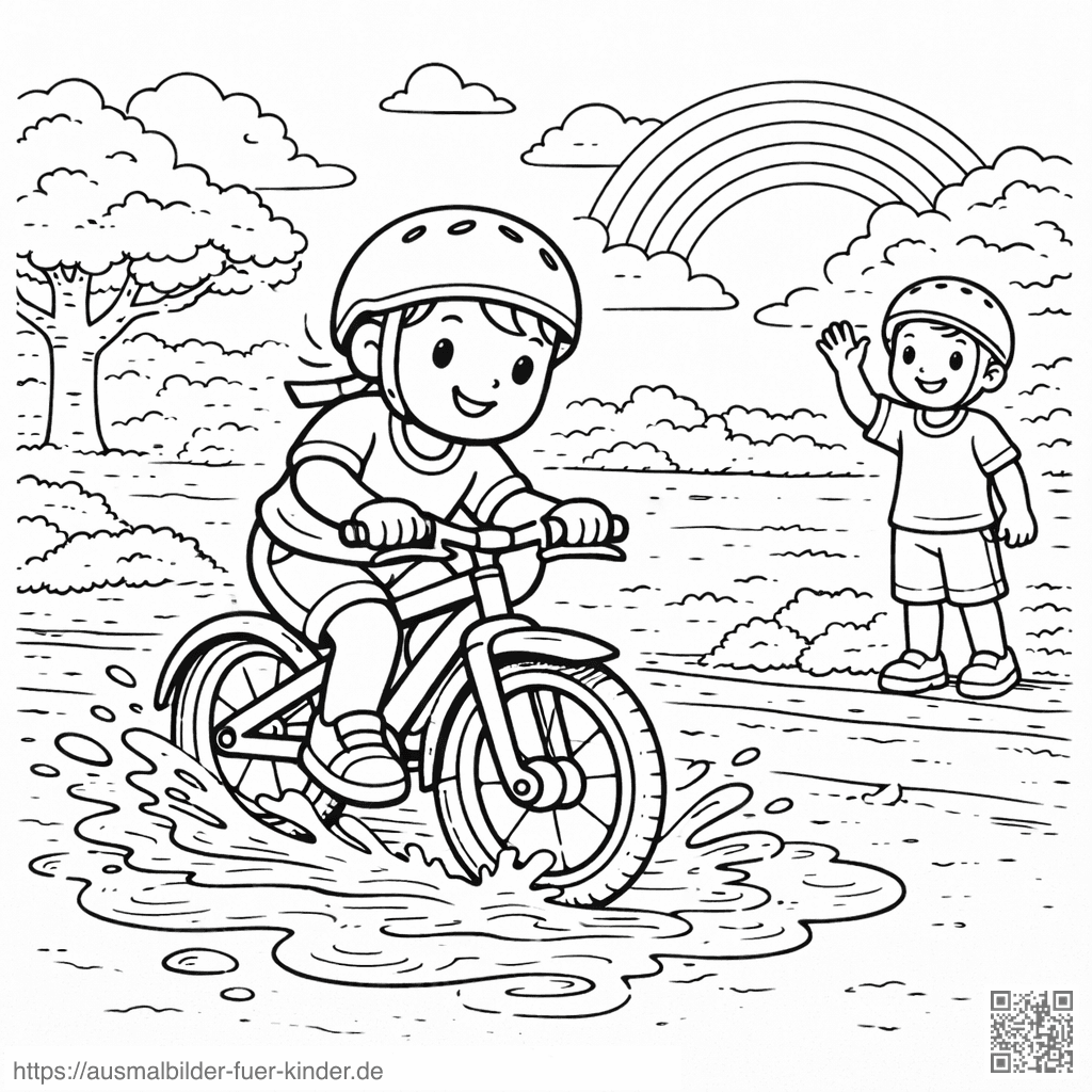 Kinder beim Radfahren durch Pfütze - Ausmalbild