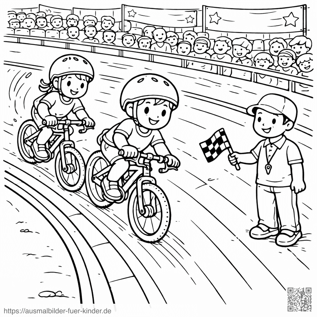 Kinder beim Radrennen im Velodrom - Ausmalbild Kinder beim Radrennen im Velodrom - Ausmalbild