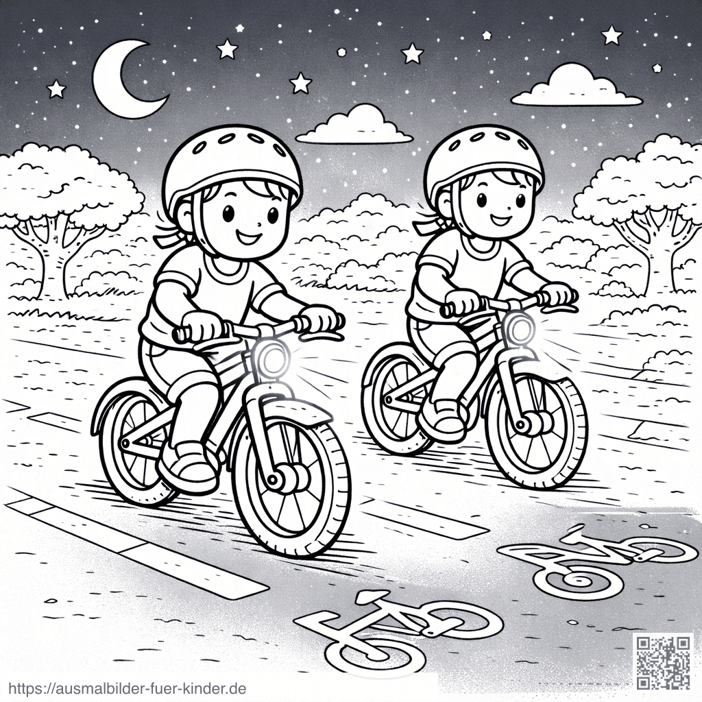 Kinder fahren auf Radweg bei Dämmerung - Ausmalbild