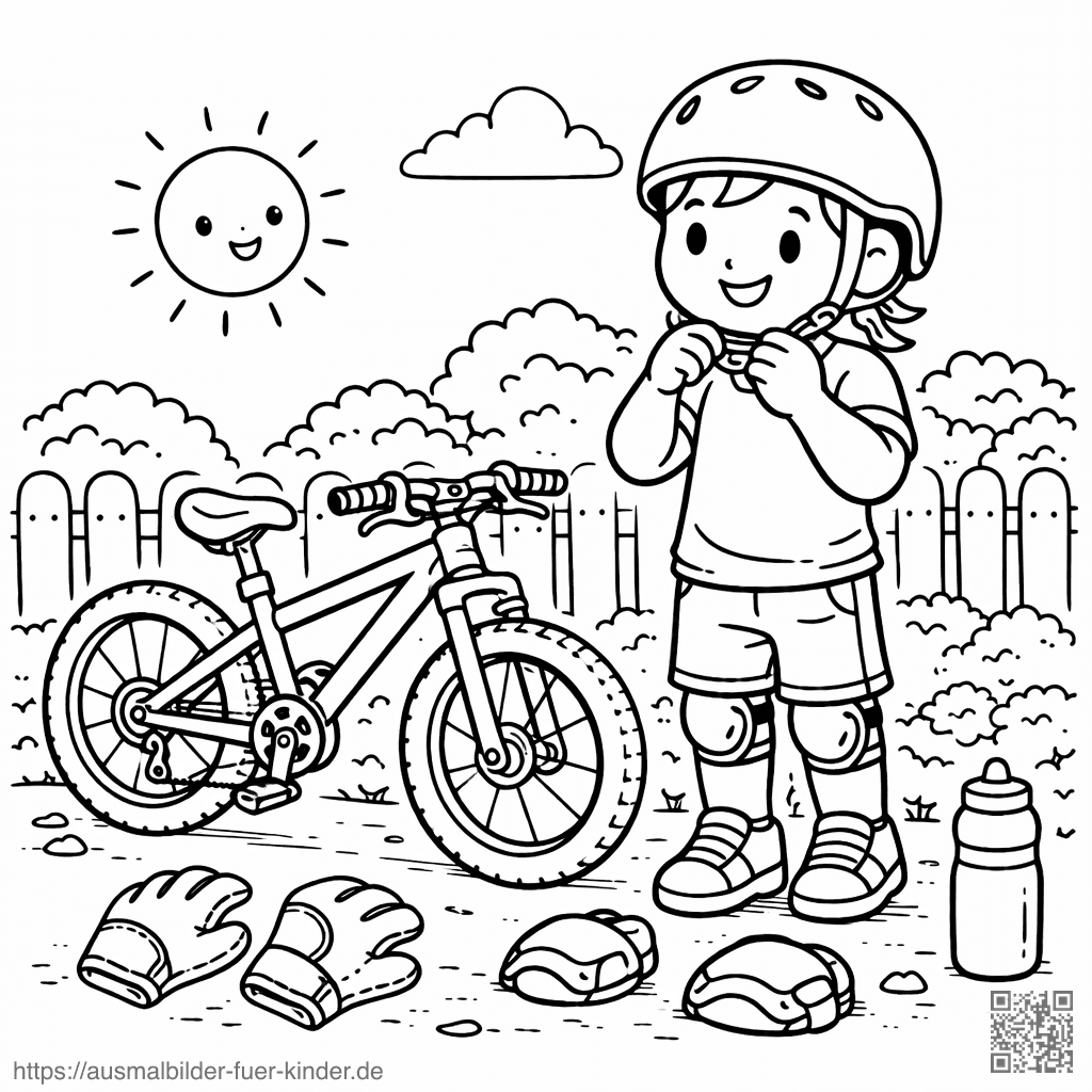 Kindergartenkind mit Fahrrad und Schutzausrüstung - Ausmalbild Kindergartenkind mit Fahrrad und Schutzausrüstung - Ausmalbild