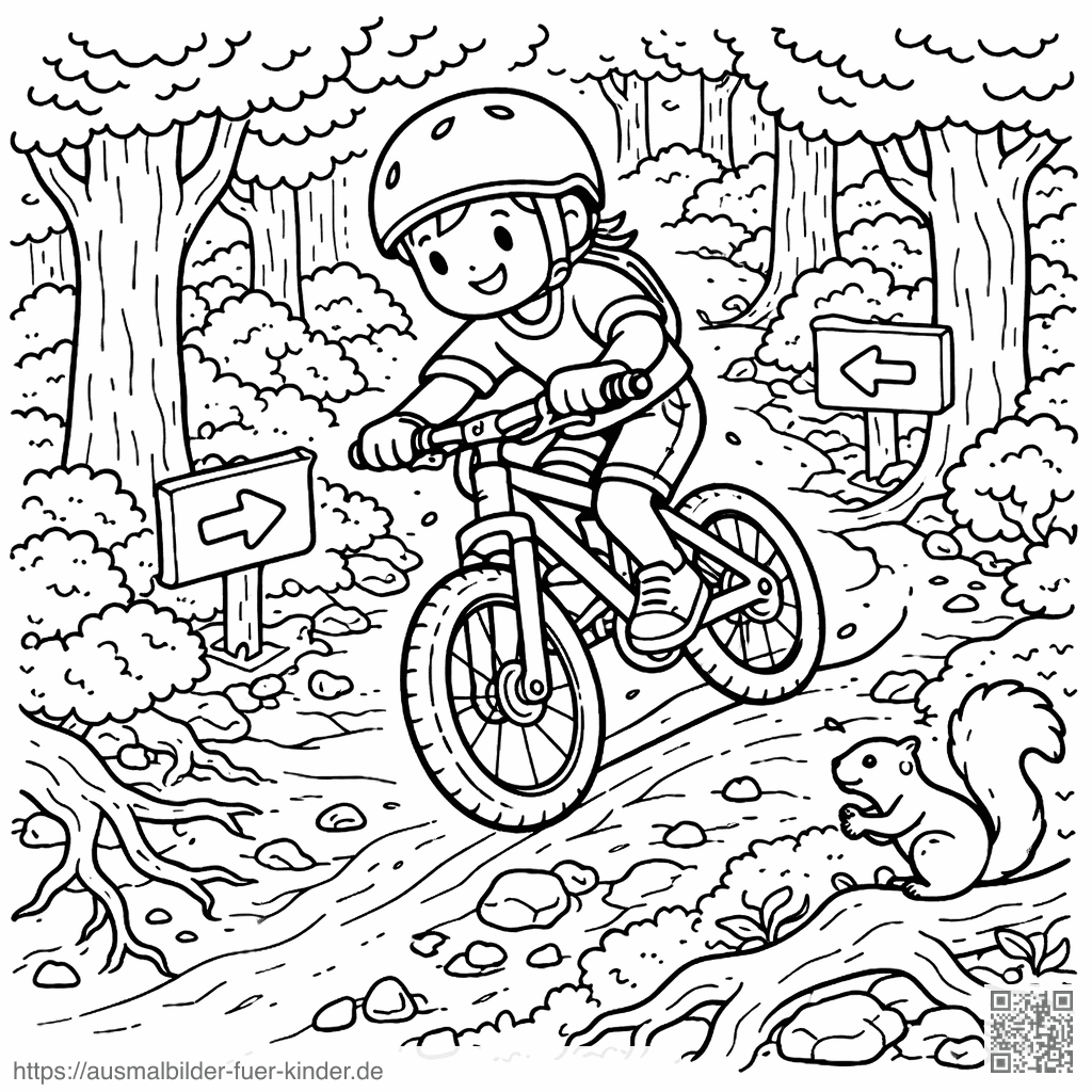 Kinderrad auf Waldweg mit Pfeilen - Ausmalbild