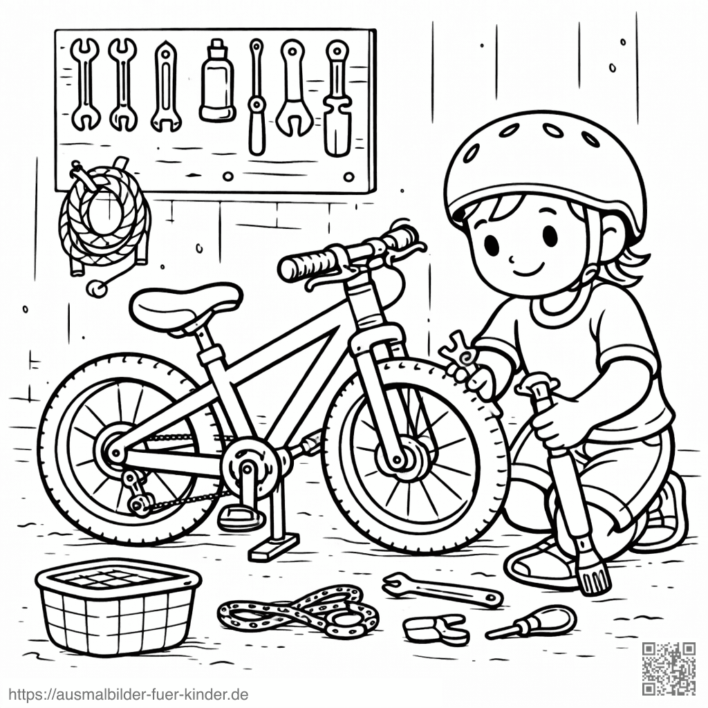 Kinderradreparatur in der Werkstatt - Ausmalbild Kinderradreparatur in der Werkstatt - Ausmalbild