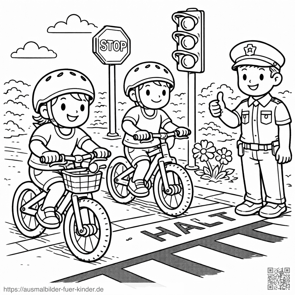 Sicherer Straßenübergang mit Polizei - Ausmalbild
