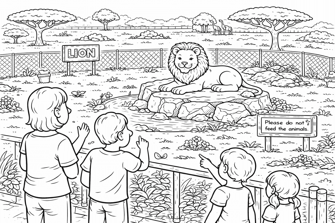 Familie beobachtet einen Löwen im Zoo - Ausmalbild