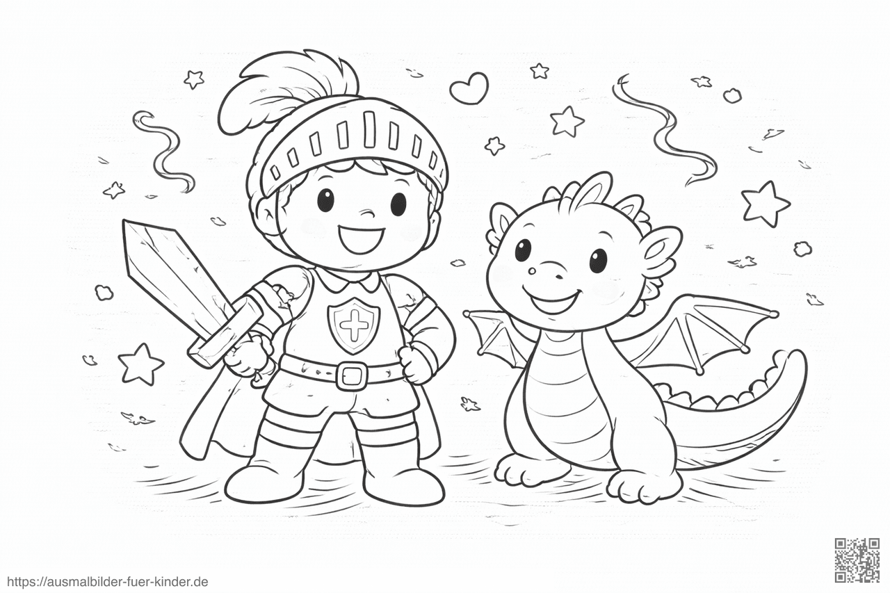 Ein fröhlicher Ritter und Drache - Ausmalbild Ein fröhlicher Ritter und Drache - Ausmalbild