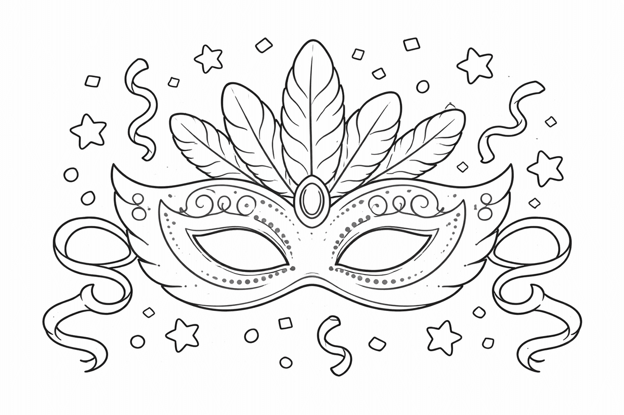 Elegante Maskerade mit Federn und Sternen - Ausmalbild