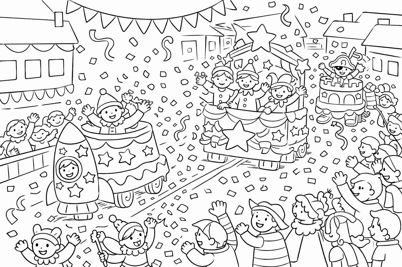 Faschingparade mit bunten Umzugswagen - Ausmalbild