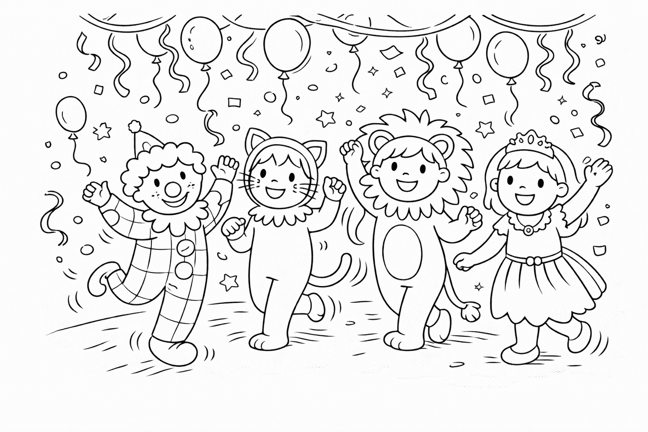 Faschingsparty mit tanzenden Kindern - Ausmalbild