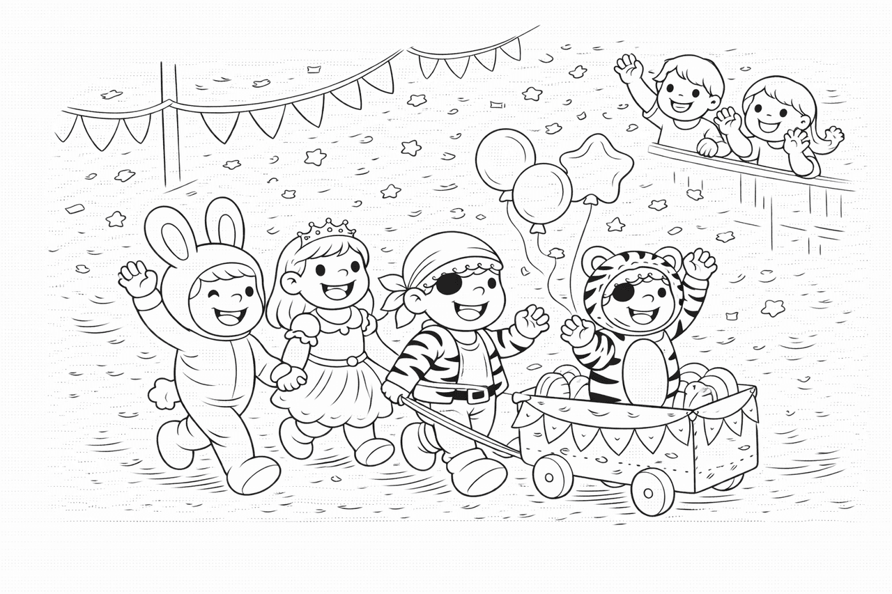 Faschingsumzug mit fröhlichen Kindern - Ausmalbild