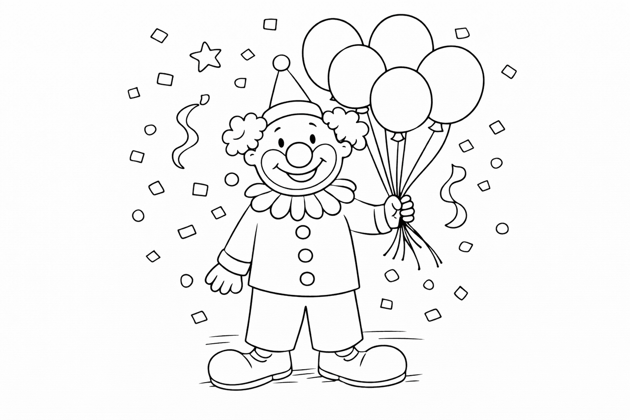 Fröhlicher Clown mit bunten Ballons - Ausmalbild