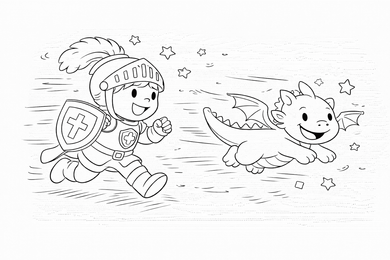 Junger Ritter jagt freundlichen Drachen - Ausmalbild