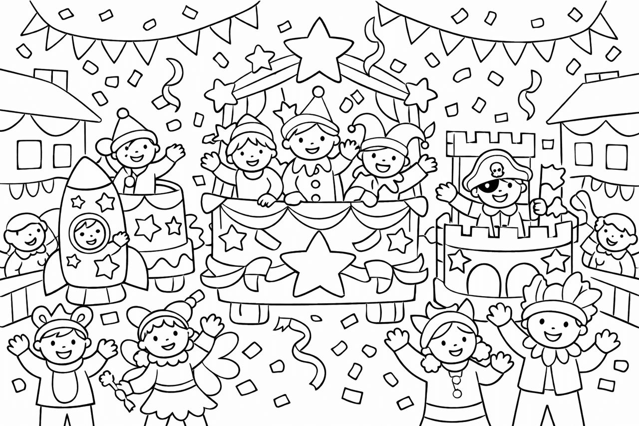 Karnevalsumzug mit bunten Festwagen - Ausmalbild