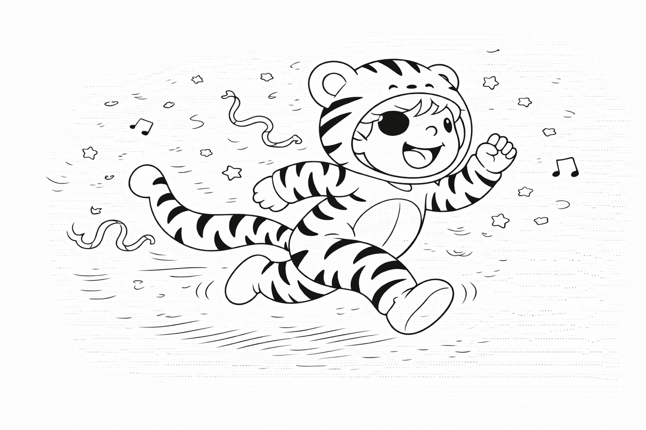 Kind im Tigerkostüm in Bewegung - Ausmalbild