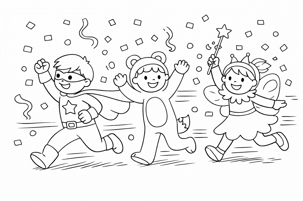 Kinder in Faschingskostümen unterwegs - Ausmalbild