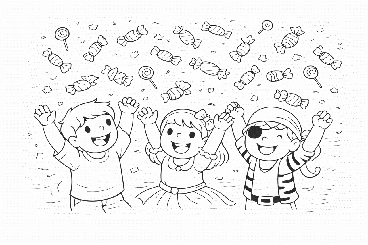 Kinder mit Süßigkeitenregen - Ausmalbild