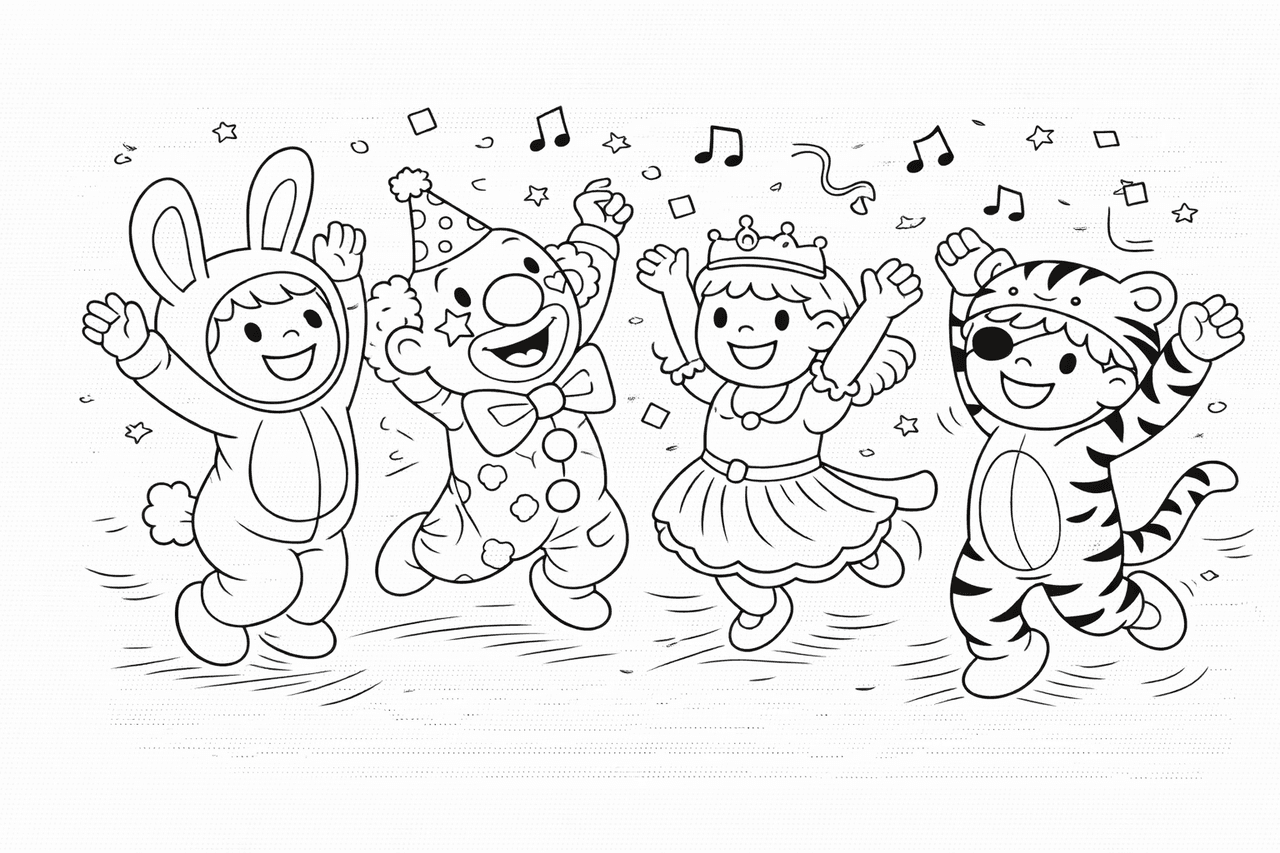 Kinder tanzen fröhlich beim Fasching - Ausmalbild