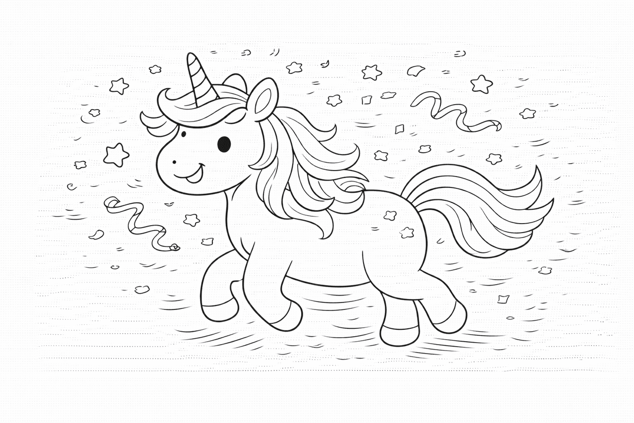 Lustiger Einhorn mit Konfetti - Ausmalbild