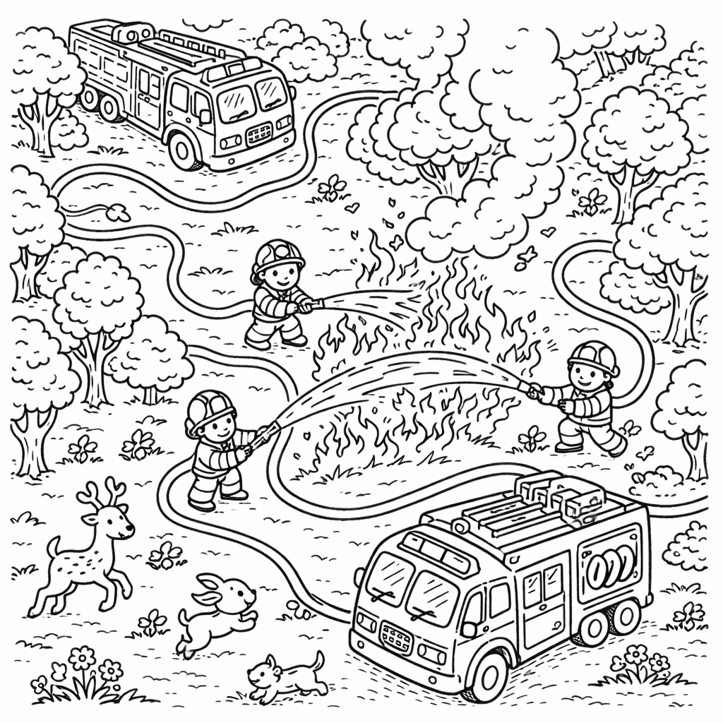 Feuerwehr im Einsatz im Wald - Ausmalbild