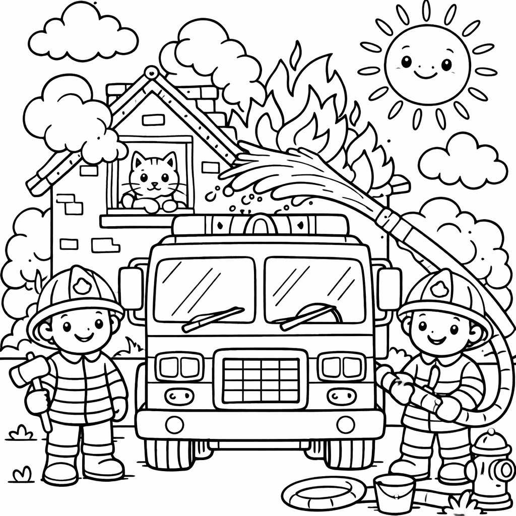 Feuerwehr im Einsatz vor brennendem Haus - Ausmalbild