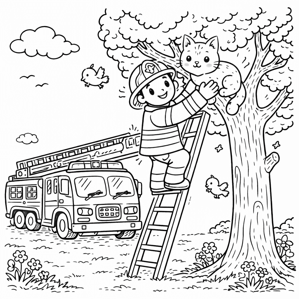 Feuerwehr rettet Katze aus Baum - Ausmalbild