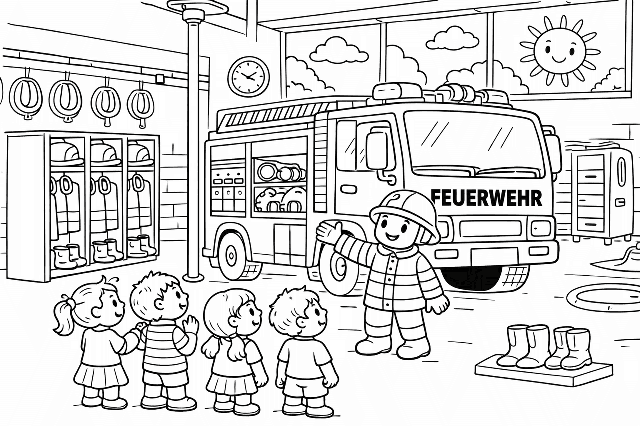 Besuch bei der Feuerwache - Ausmalbild Besuch bei der Feuerwache - Ausmalbild