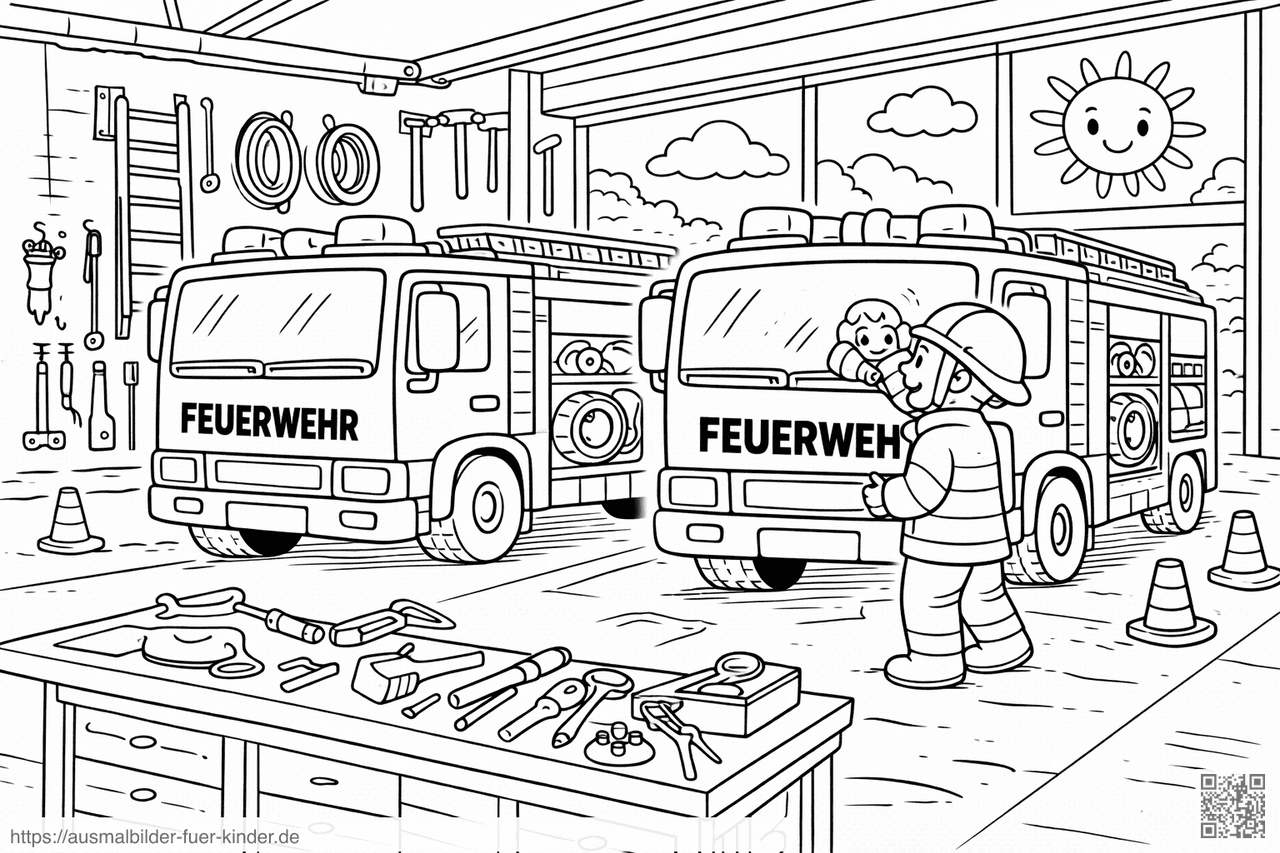Feuerwache mit zwei Feuerwehrautos - Ausmalbild