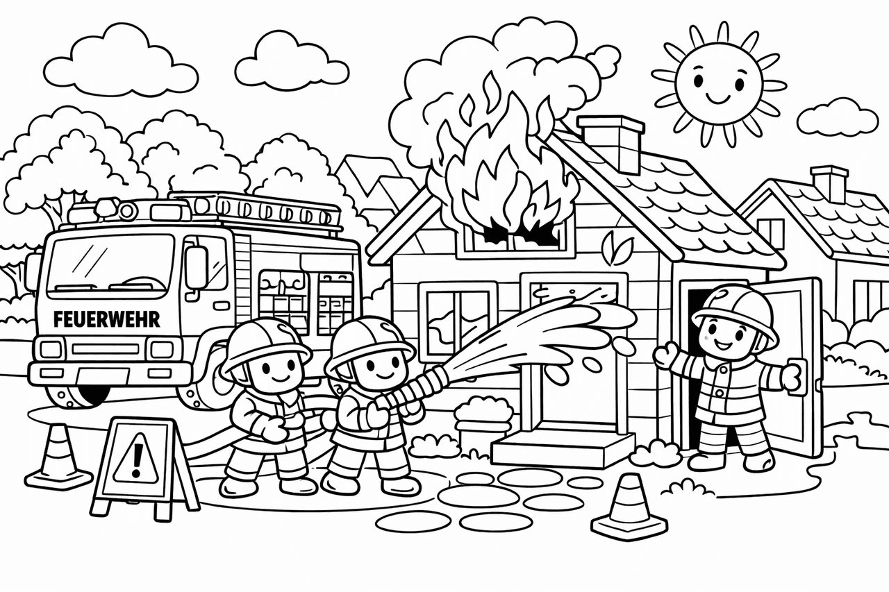 Feuerwehr im Einsatz bei Brand - Ausmalbild Feuerwehr im Einsatz bei Brand - Ausmalbild