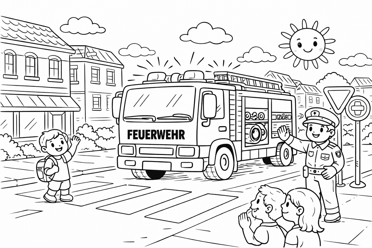 Feuerwehr im Einsatz in der Stadt - Ausmalbild Feuerwehr im Einsatz in der Stadt - Ausmalbild