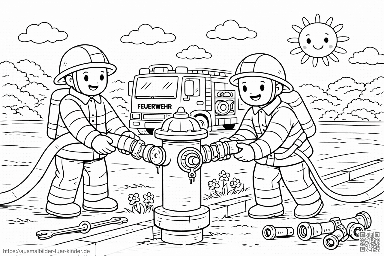 Feuerwehr im Einsatz zur Hydrantenmontage - Ausmalbild