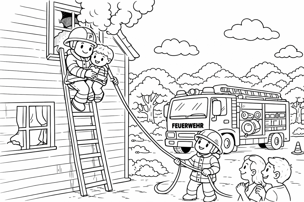 Feuerwehr rettet Jungen aus dem Haus - Ausmalbild Feuerwehr rettet Jungen aus dem Haus - Ausmalbild