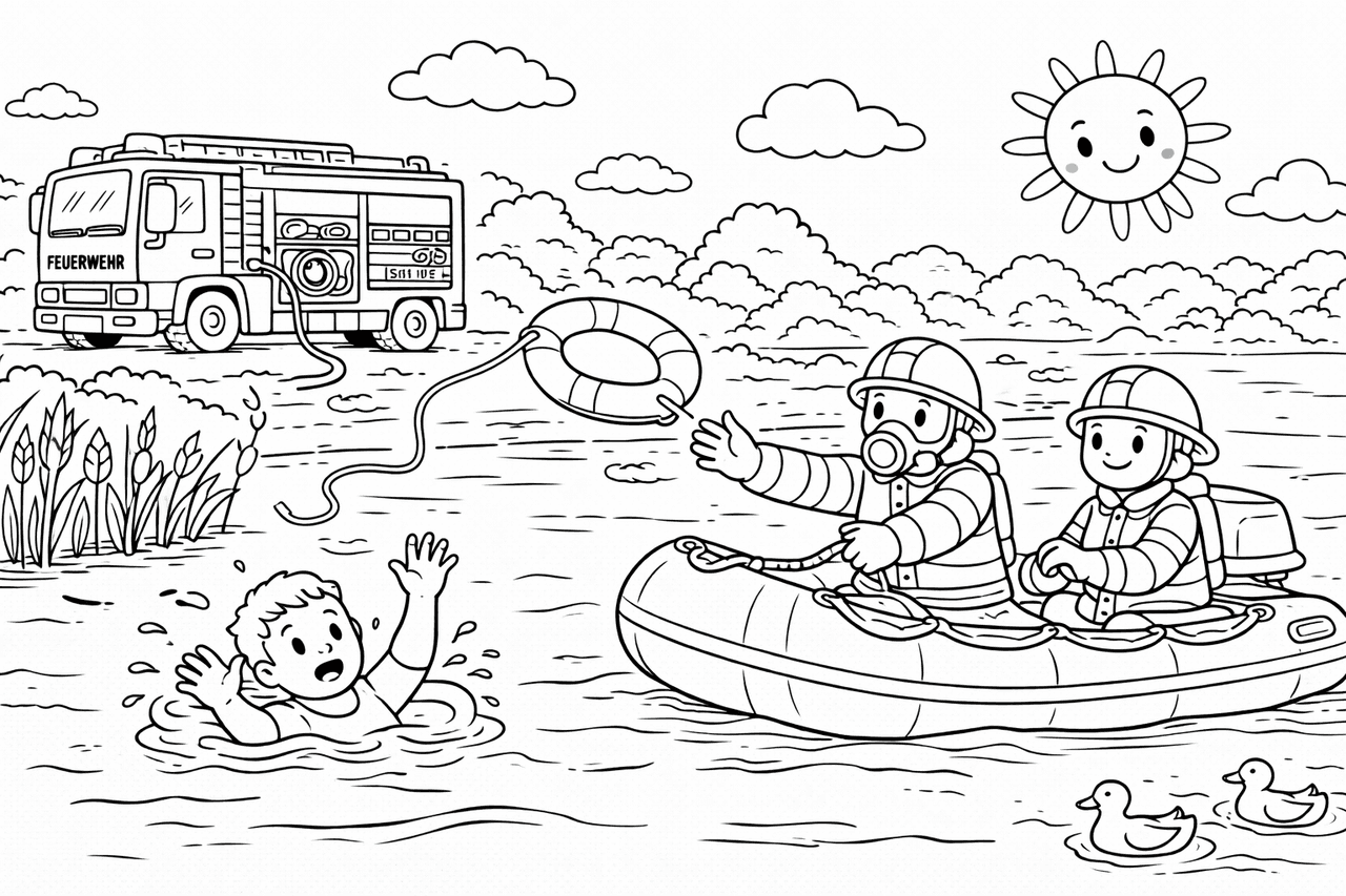 Feuerwehr rettet Schwimmer am See - Ausmalbild Feuerwehr rettet Schwimmer am See - Ausmalbild