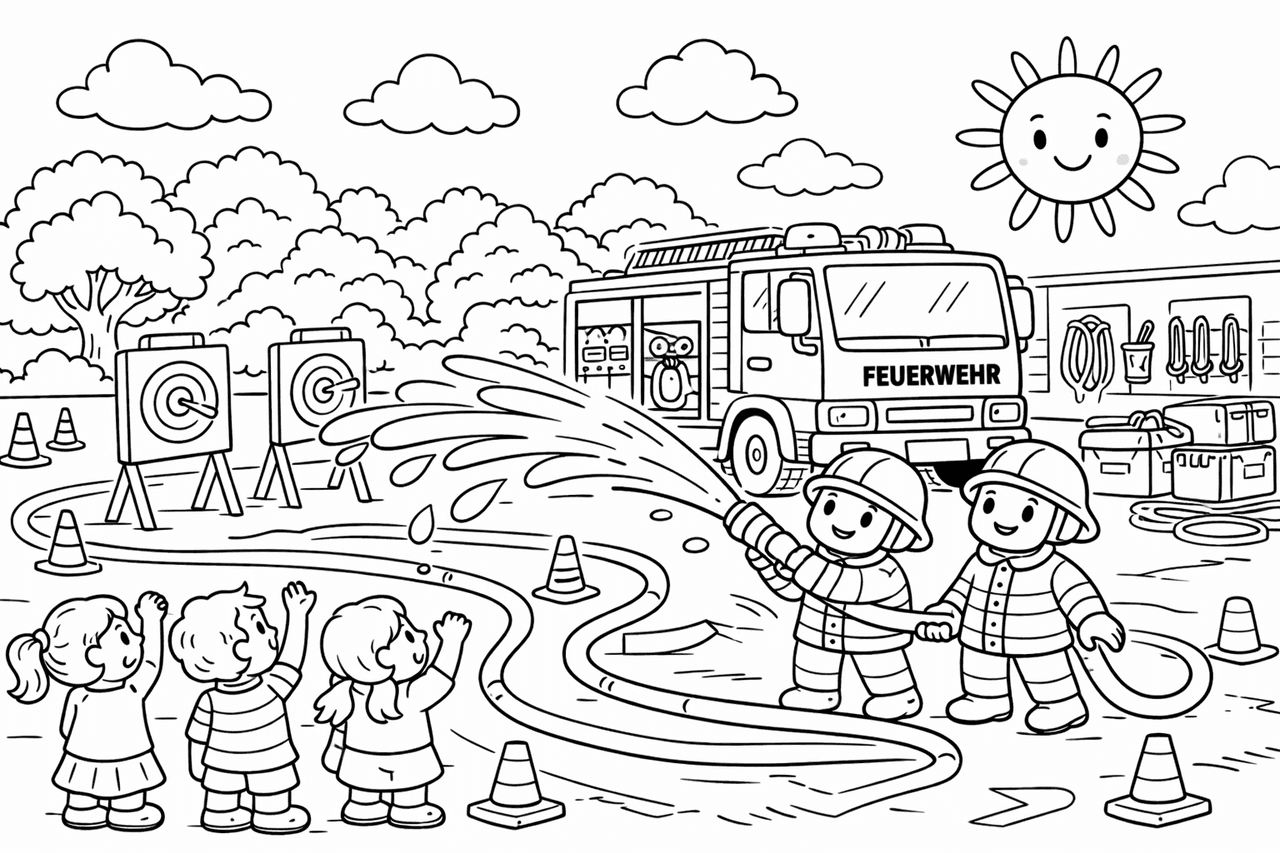 Feuerwehrübungen im Trainingsbereich - Ausmalbild