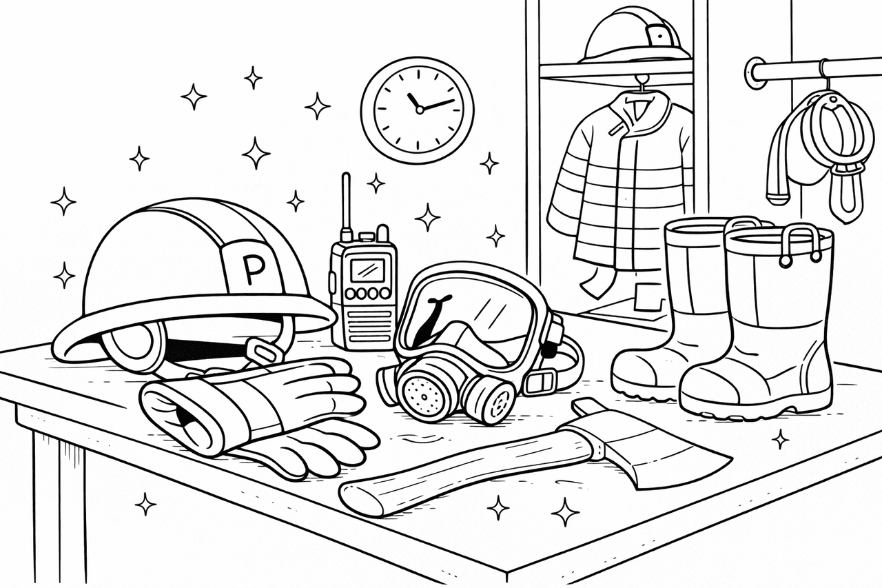 Feuerwehrausrüstung auf einem Tisch - Ausmalbild