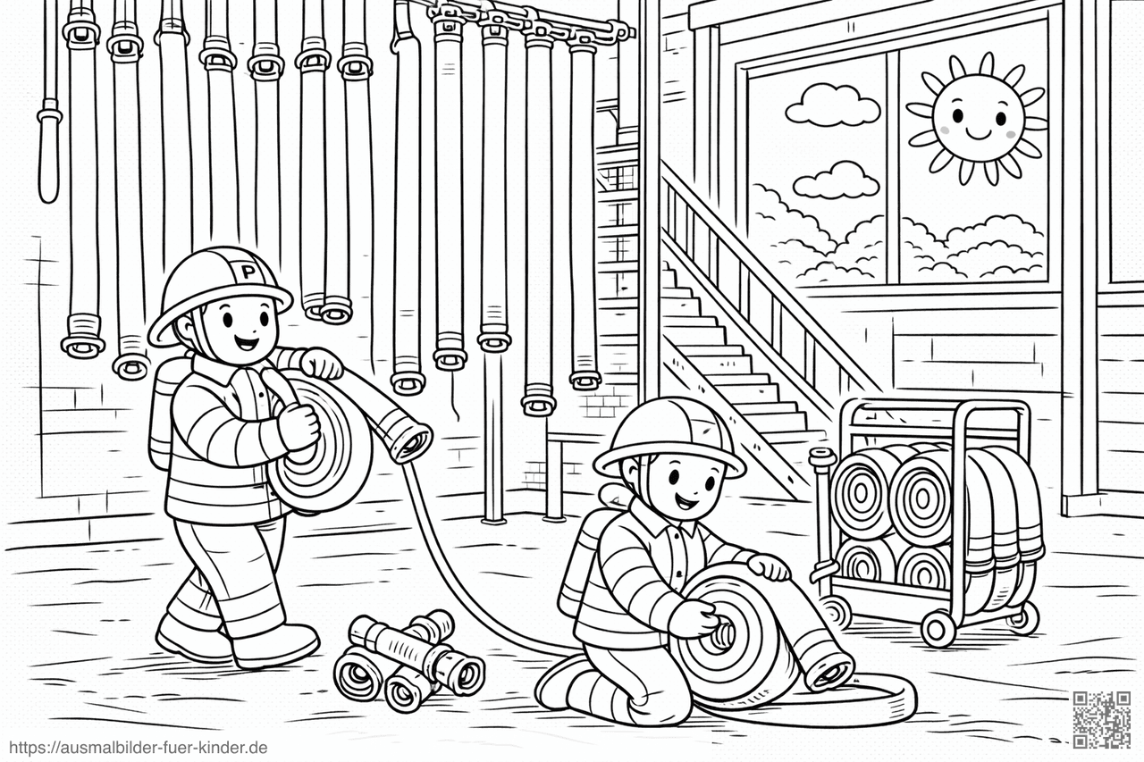 Feuerwehrleute im Trocknungsturm - Ausmalbild