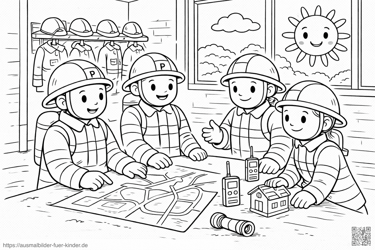 Feuerwehrmänner planen Einsatzstrategie - Ausmalbild