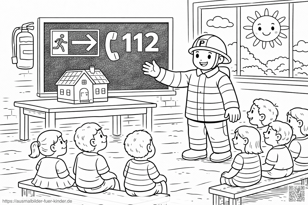 Feuerwehrmann erklärt Brandschutz im Klassenzimmer - Ausmalbild