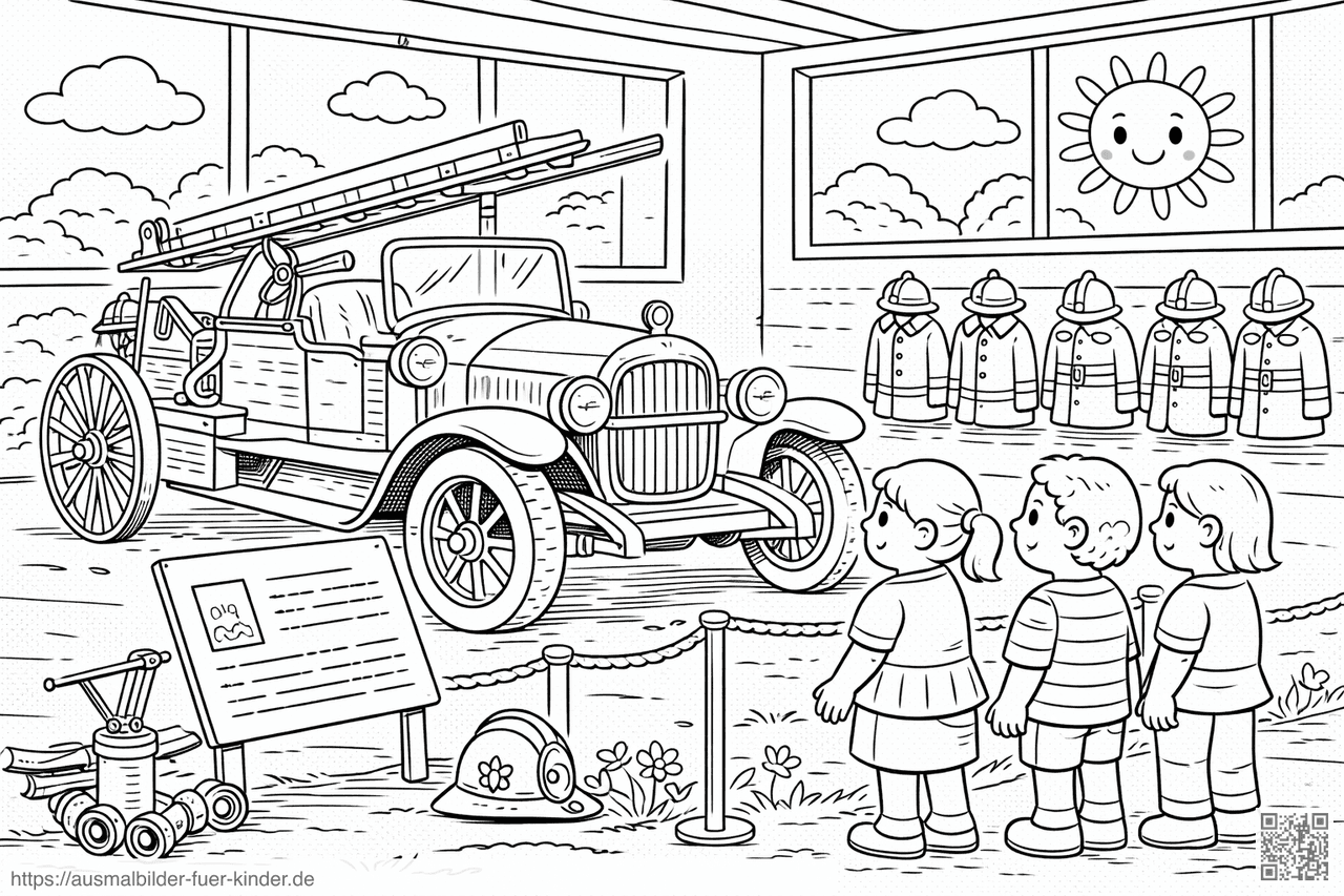 Feuerwehrmuseum mit antikem Feuerwehrauto - Ausmalbild