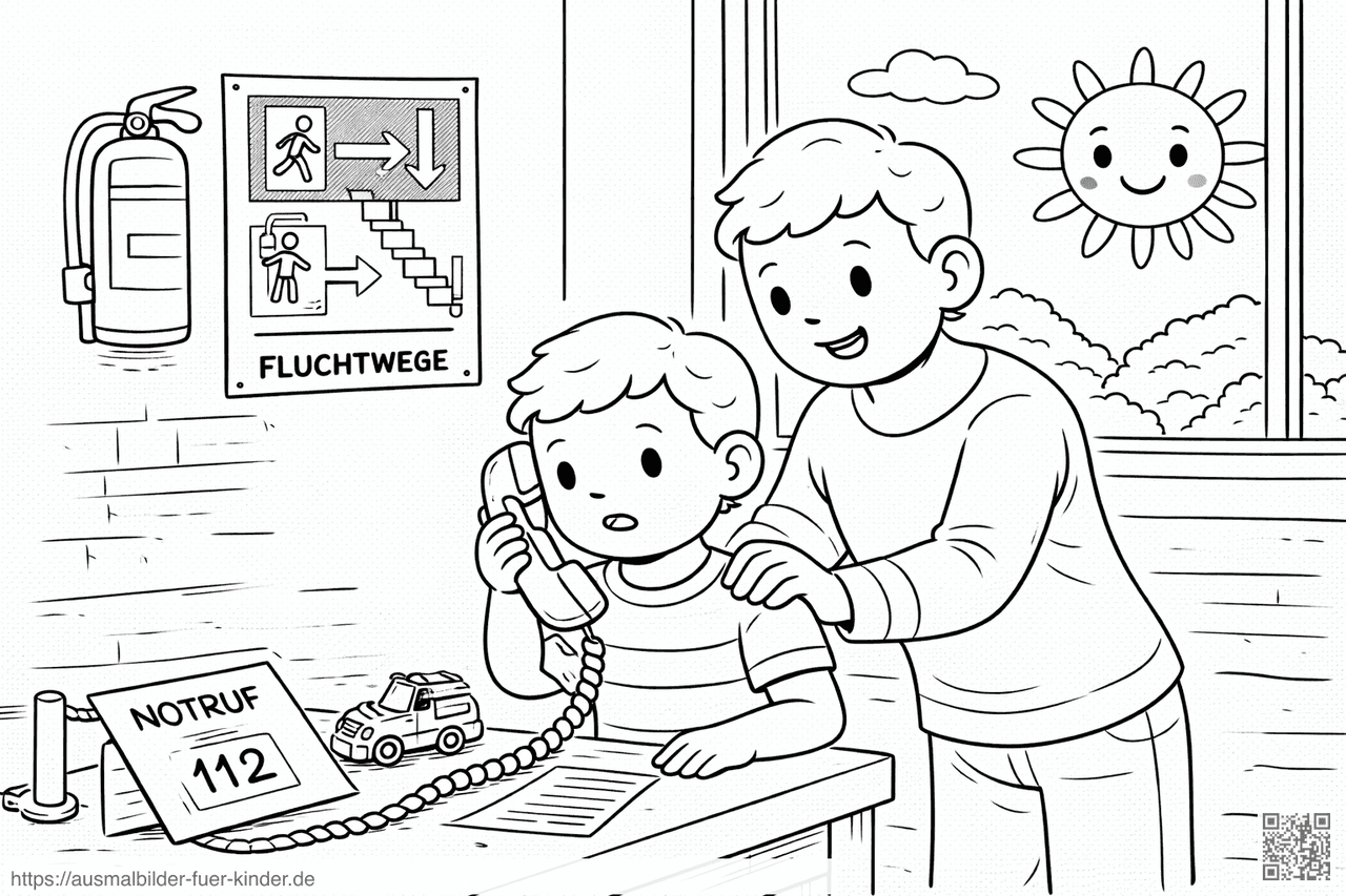 Kind ruft den Notruf an - Ausmalbild