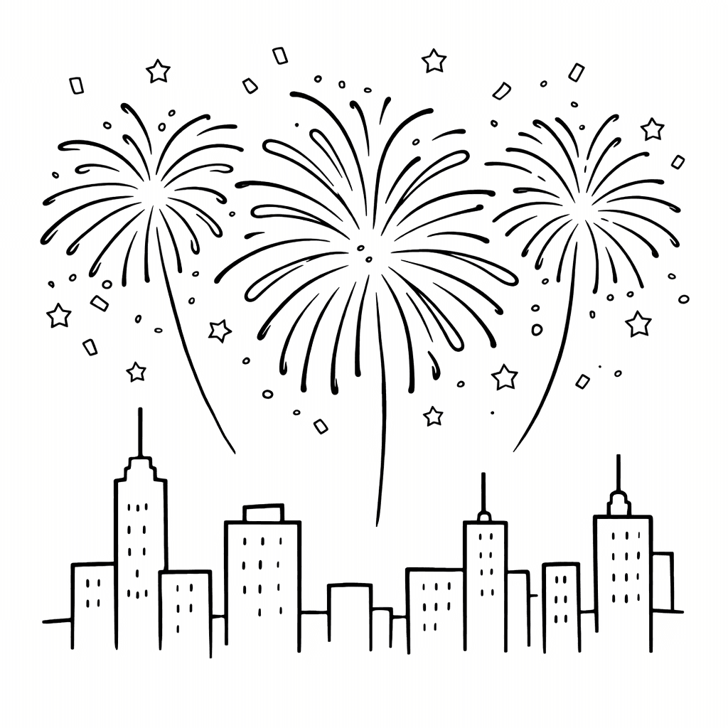 Feuerwerk über der Stadt - Ausmalbild