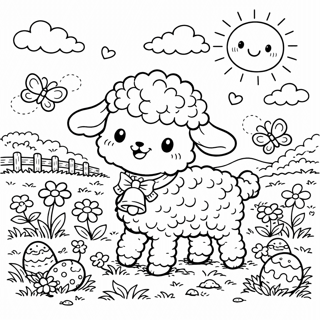 Fluffiges Lamm im Frühlingswiesen - Ausmalbild