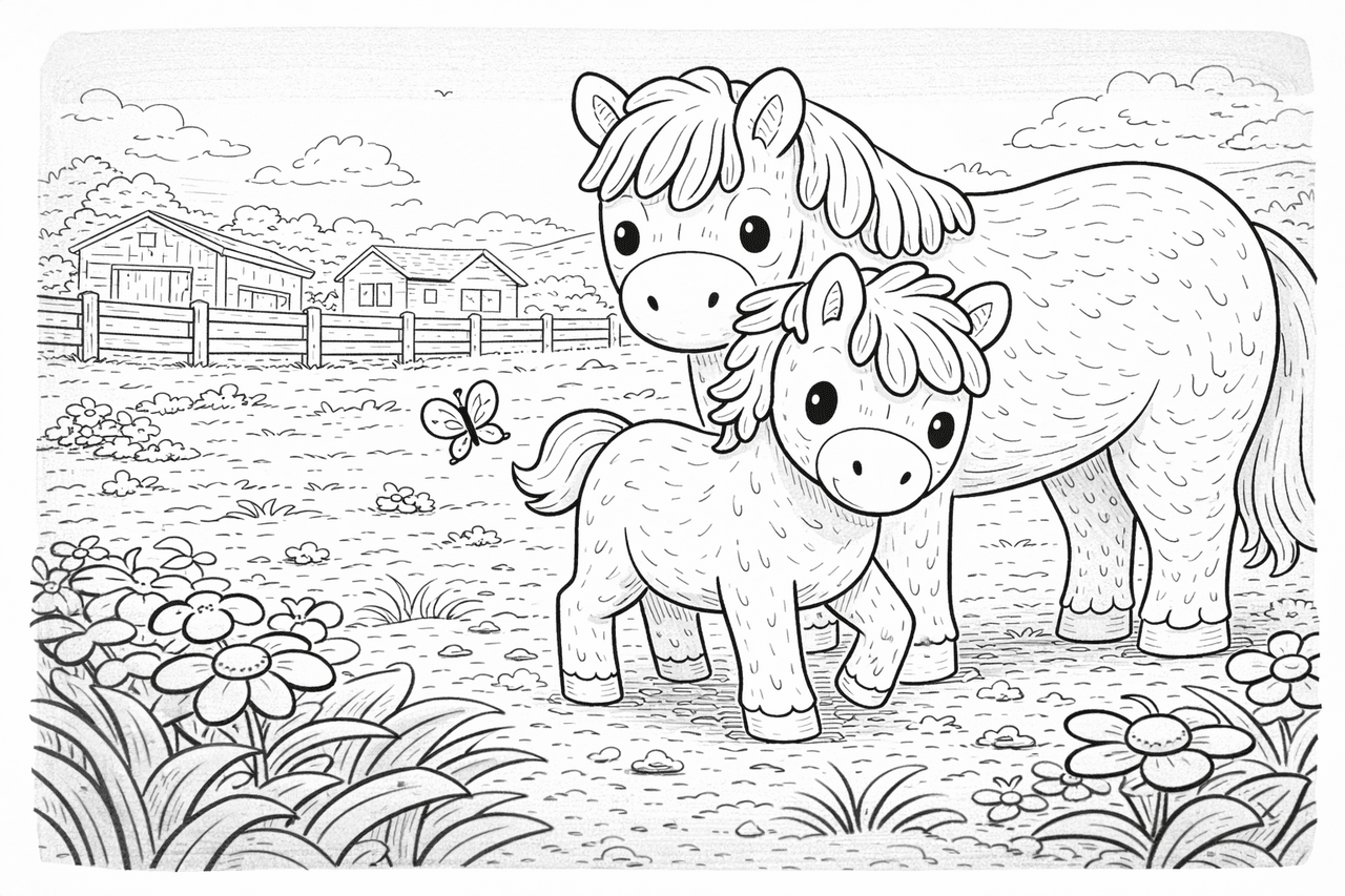Fohlen mit Mutter - Ausmalbild