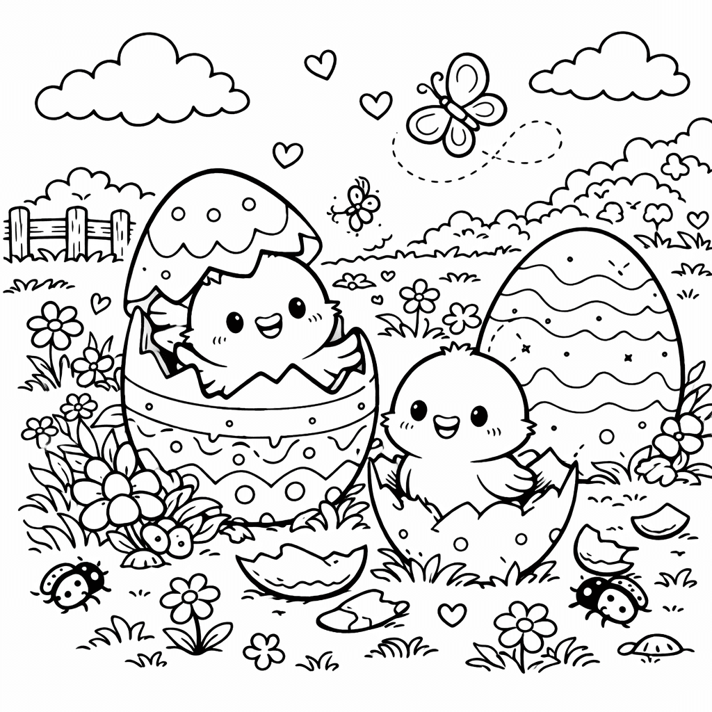 Fröhliche Küken im Frühlingswiese - Ausmalbild