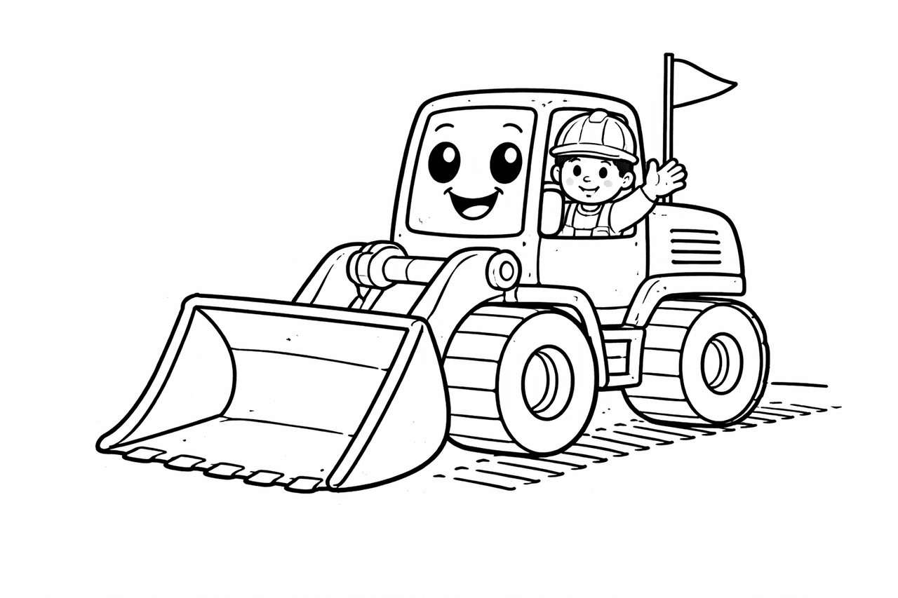 Fröhlicher Bagger mit kleinem Bauarbeiter - Ausmalbild