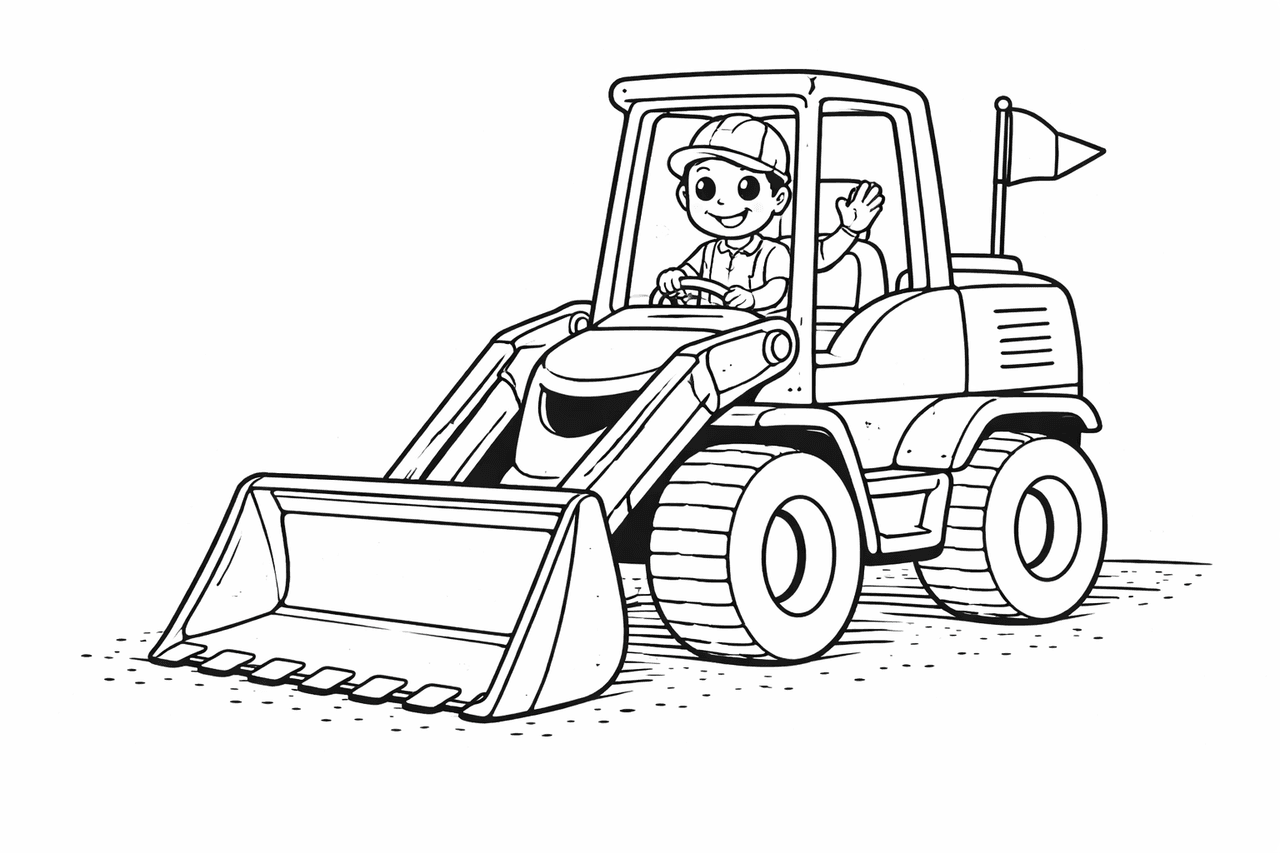 Fröhlicher Bauarbeiter im Baggerfahrzeug - Ausmalbild