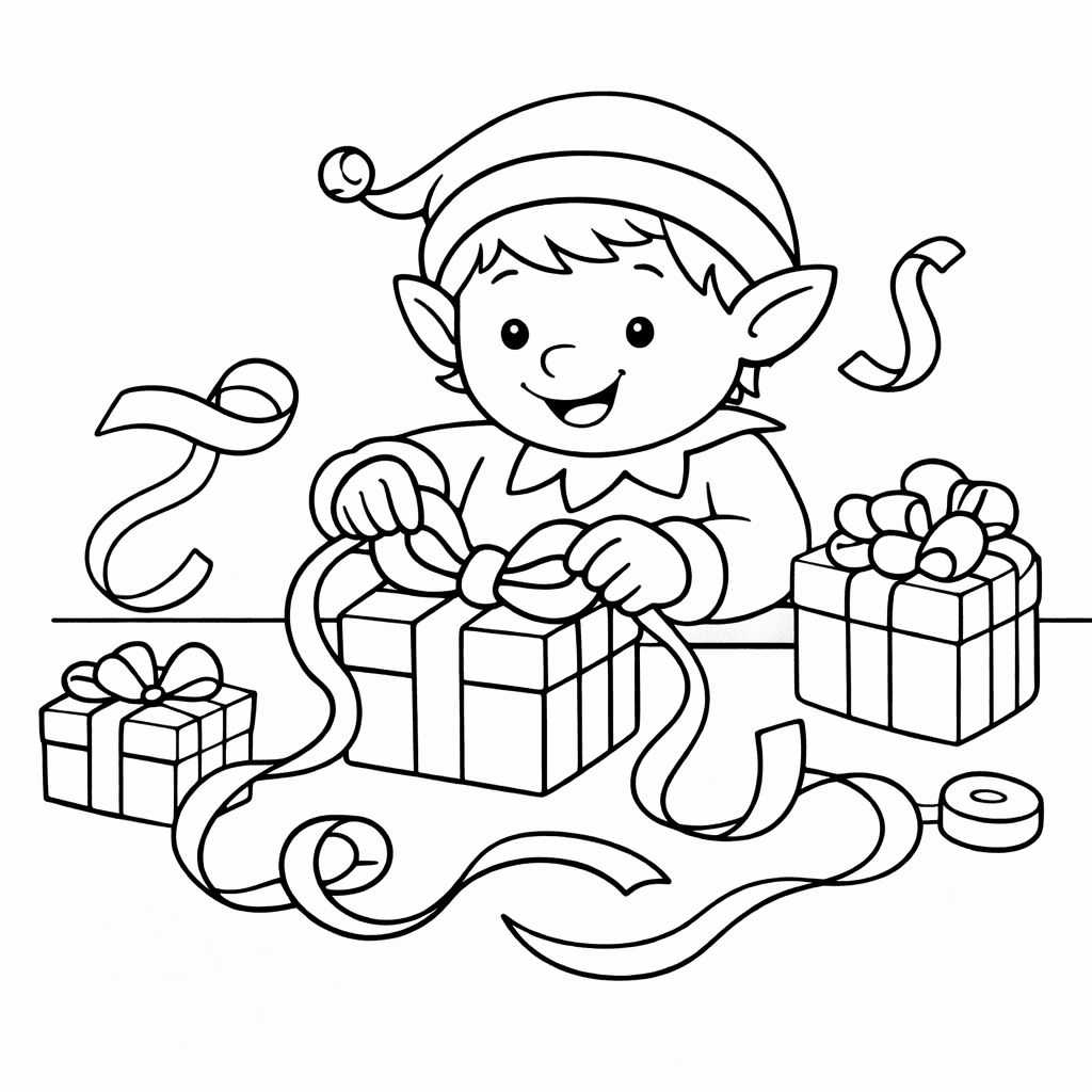 Fröhlicher Elf Bindet Geschenke Zusammen - Ausmalbild