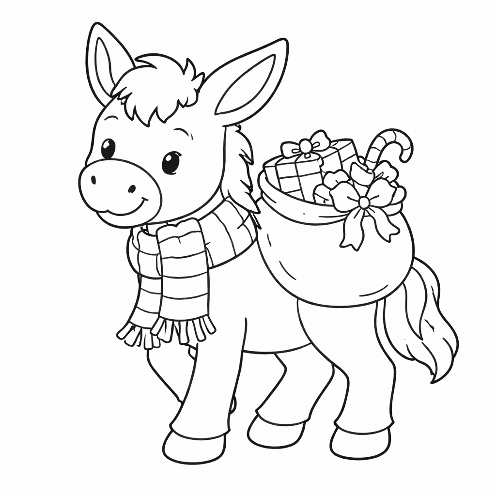 Fröhlicher Esel Mit Geschenkesack - Ausmalbild