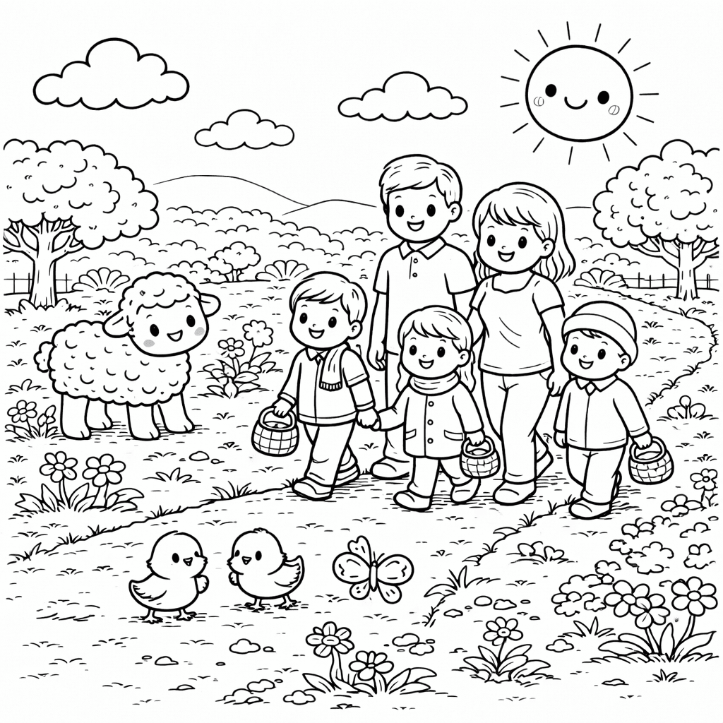 Fröhlicher Familienausflug im Frühling - Ausmalbild