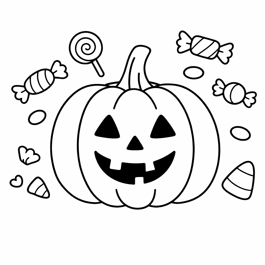 Fröhlicher Kürbis Mit Süßigkeiten - Ausmalbild