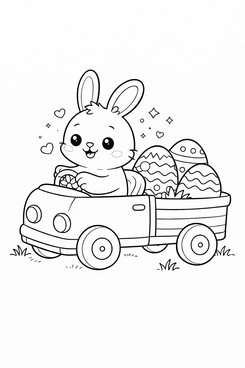 Fröhlicher Osterhase mit Wagen - Ausmalbild